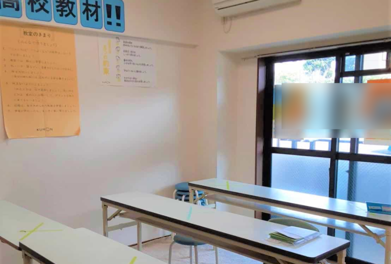 私が経営している学習塾の教室内のようす。机やイス、塾のきまりや塾・生徒さんの目標などが貼りだしてあります。