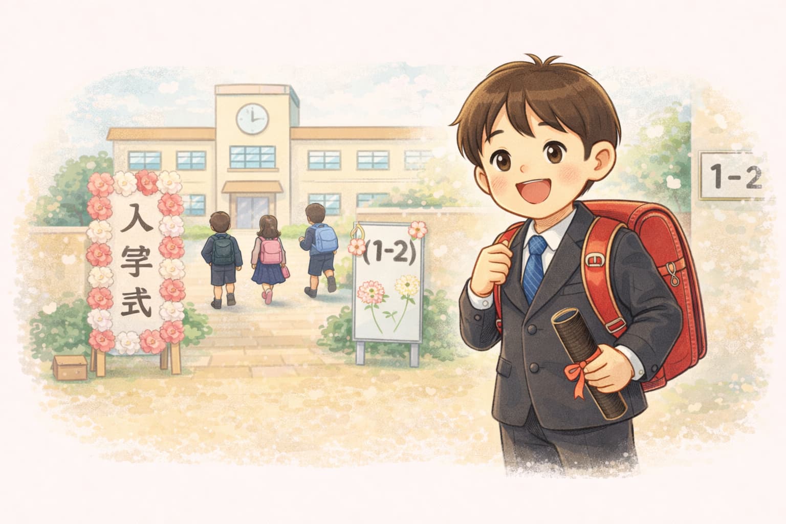 入学式当日、お兄ちゃんのお下がりの入学式用スーツを着て、ピカピカのランドセルを背負い、にこにこの笑顔の三男。