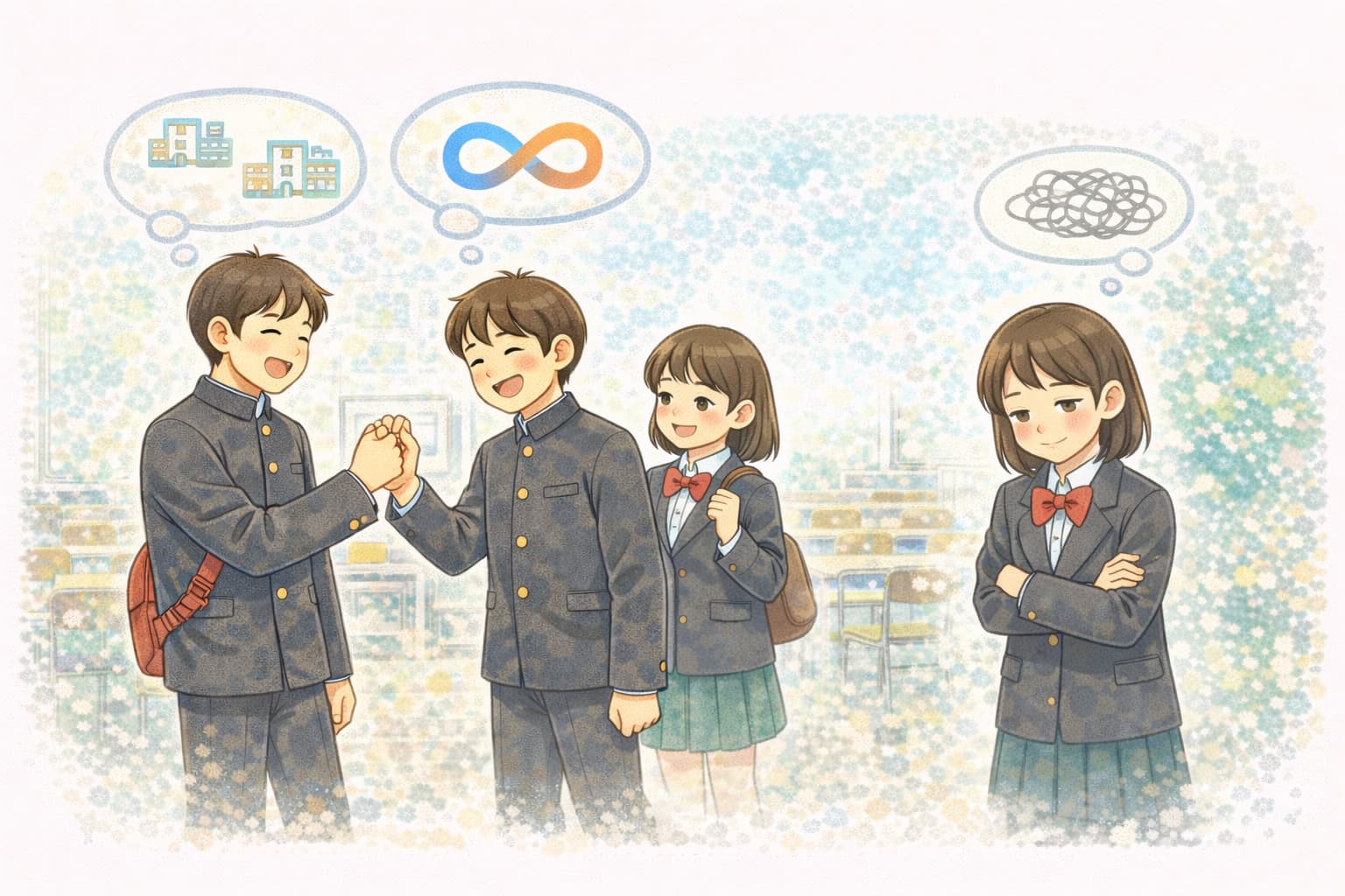 やっと中学生活が終わる
２月になると　教室が”さみしいね”モードになる
「学校違うけど、ずっと一緒に遊ぼうね。」
「みんなと離れたくないな～。一生友だちね！」
そんなの無理だってわかっているのに