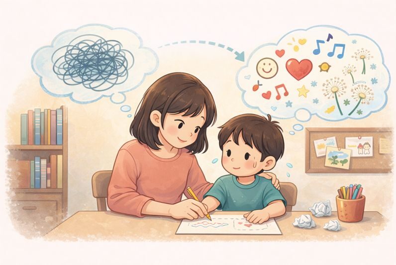 言葉が苦手な子どもが、身近な出来事から詩のテーマを考える様子のイラスト