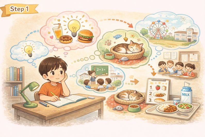 身の回りの出来事から詩のテーマを考える、子どもと日常を描いたイラスト