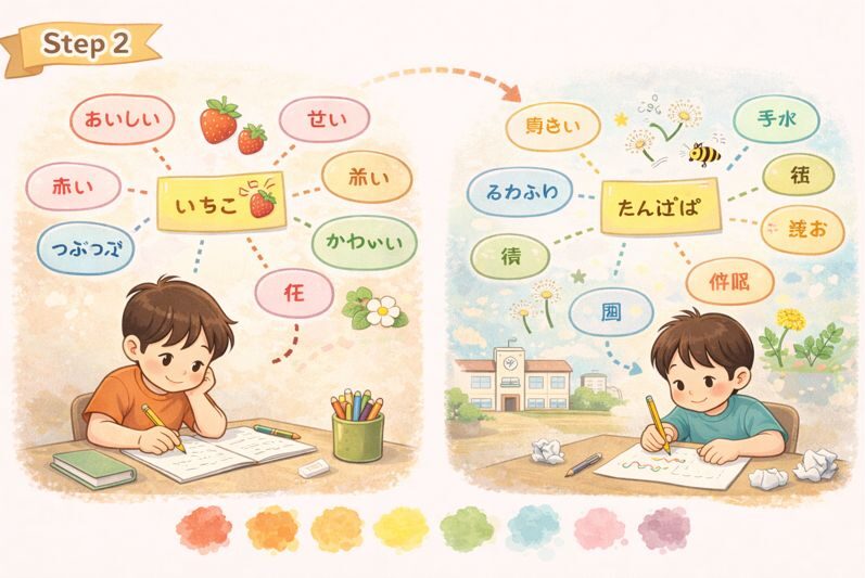 テーマから連想した言葉をたくさん書き出す子どもの様子を描いたイラスト