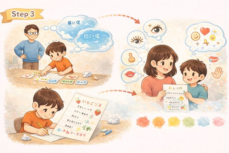 集めた言葉を組み合わせて一つの詩に仕上げる子どもの様子を描いたイラスト