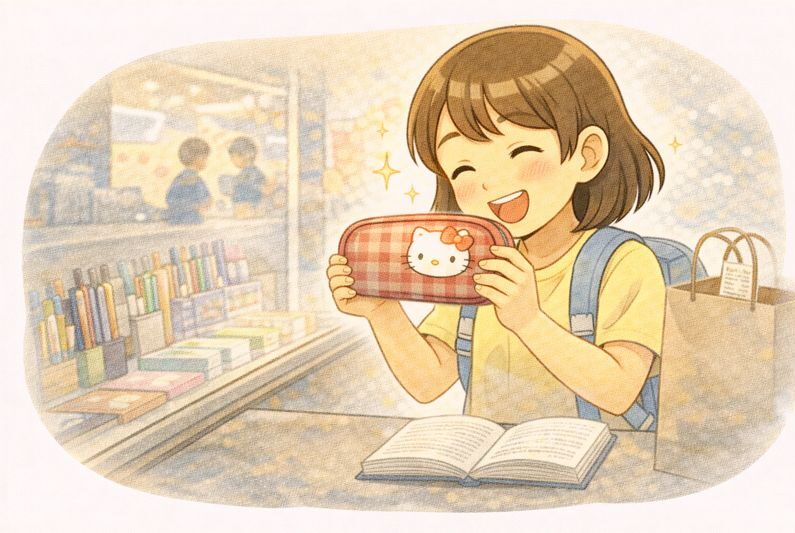 赤いペンケースを買って喜ぶ少女のイラスト、子供の頃の夢が叶った瞬間