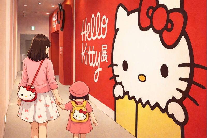 ハローキティ展に入場する親子連れ、家族で楽しめる展覧会