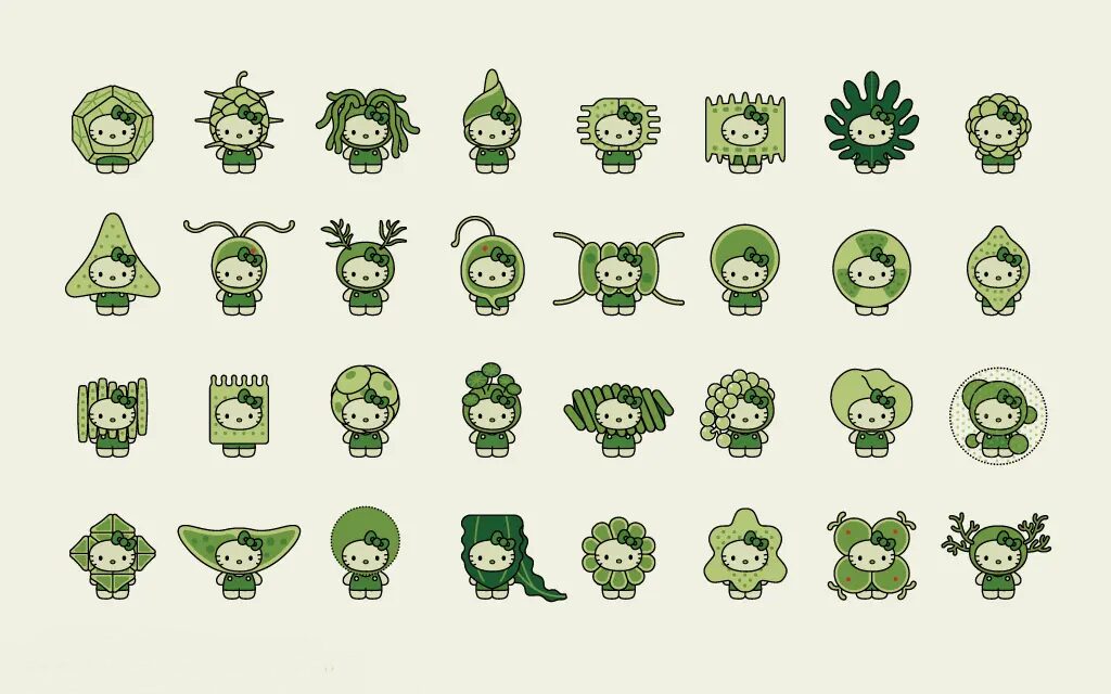 万博に登場した32種類の藻類キティちゃん一覧表