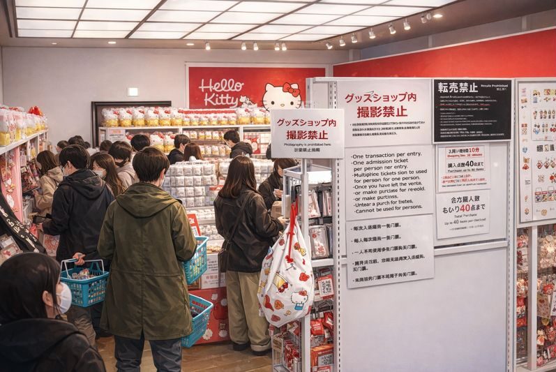 ハローキティ展公式ショップの混雑する店内、グッズ販売コーナー