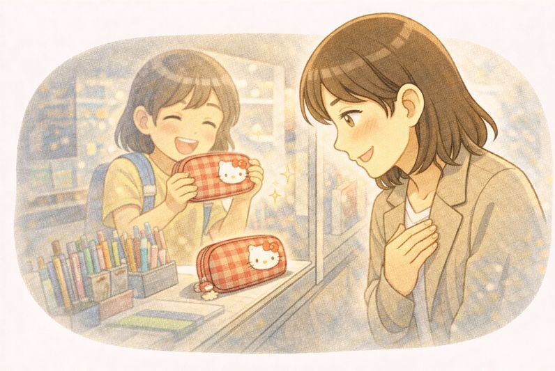 子供の頃の思い出を振り返るイラスト、ハローキティとの思い出