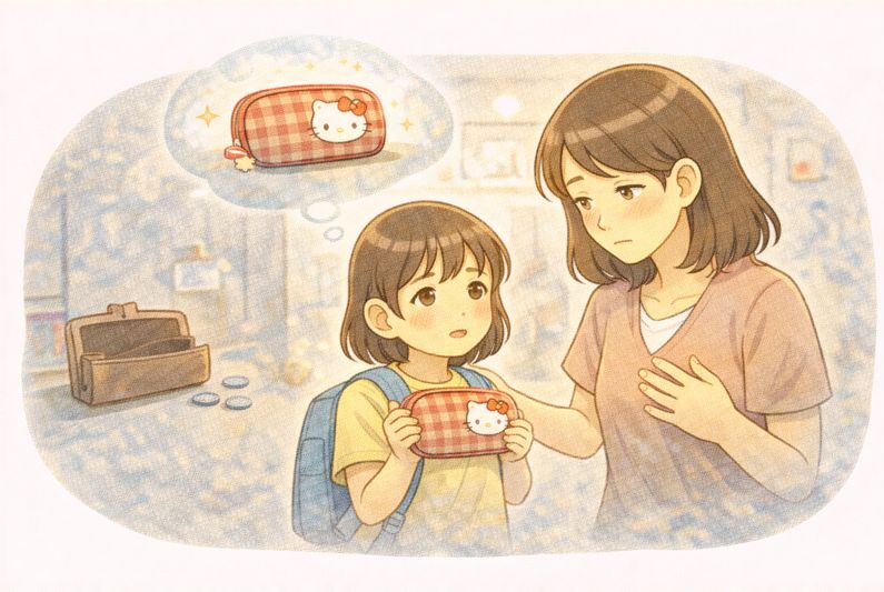 ハローキティグッズが欲しいけど買ってもらえない子供のイラスト