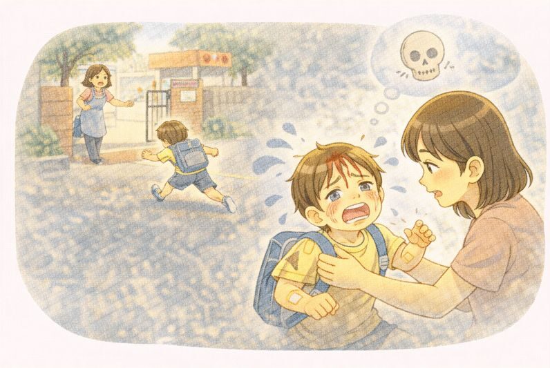 保育園の先生めがけて走り出す三男。そしてコケて泣き出します