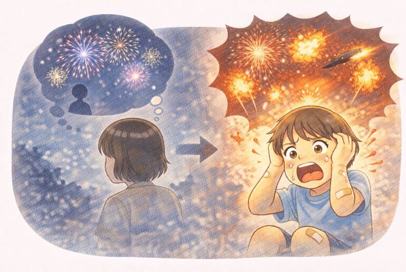 花火大会で耳をふさぎながら、自分を守る三男