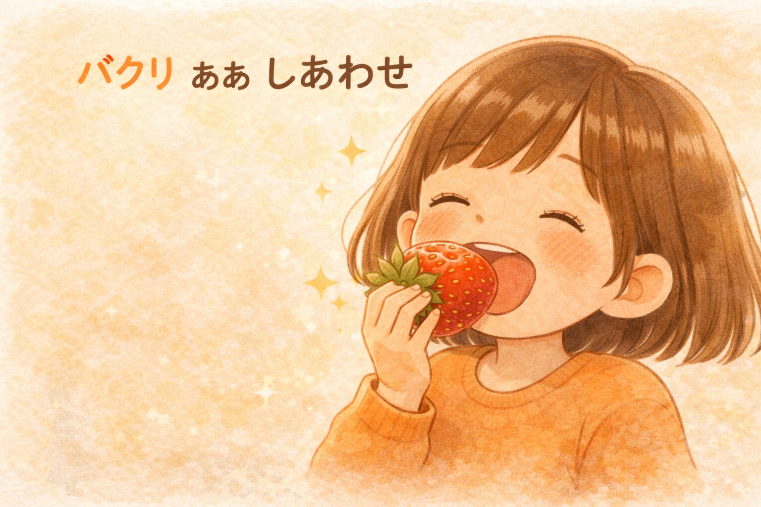 大きないちごを見つけて、思いきり「パクリ」。
その瞬間のおいしさと幸せが、そのまま一言にぎゅっとつまっています。