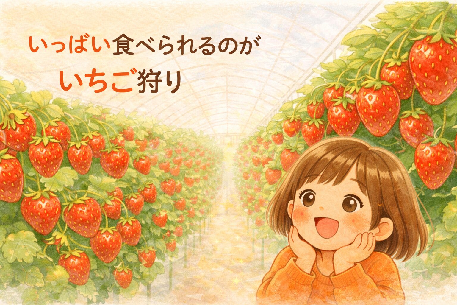 いちごの楽しさは、食べることだけではありません。
いちご狩りには、畑やハウスにたくさん並んだ赤い実を見つけるわくわくがあります。