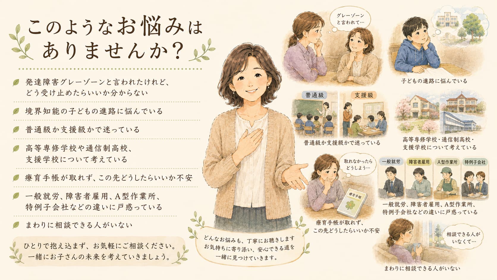 子どもの困りごとは、家庭によって本当にさまざまです。
同じ「発達障害グレーゾーン」「境界知能」という言葉でも、子どもの性格、学校環境、家庭の状況によって、悩み方はまったく違います。
だからこそ、まずは今の状況をお聞きしながら、一緒に整理していきます。