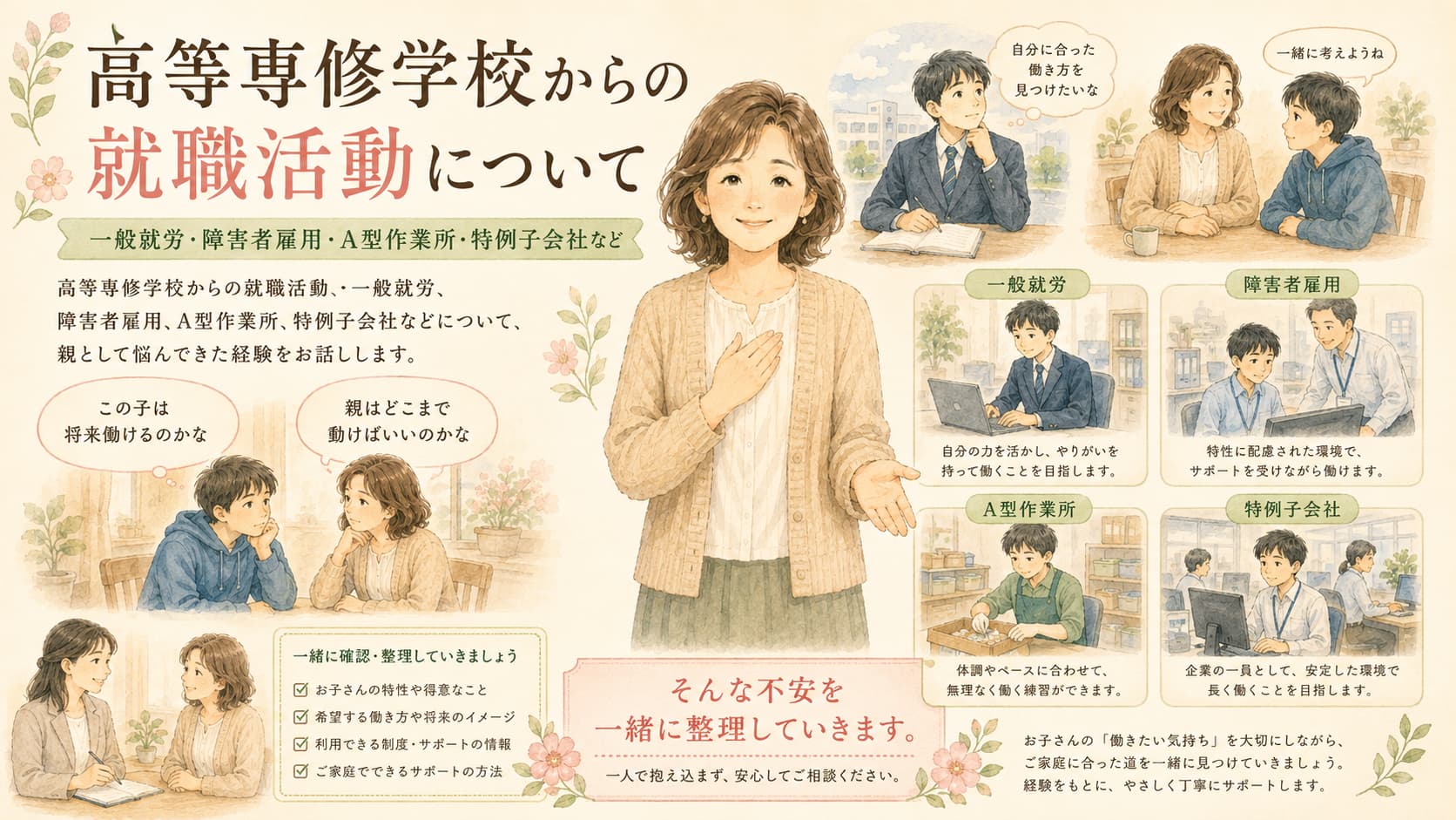 高等専修学校からの就職活動、一般就労、障害者雇用、A型作業所、特例子会社などについて、親として悩んできた経験をお話しします。