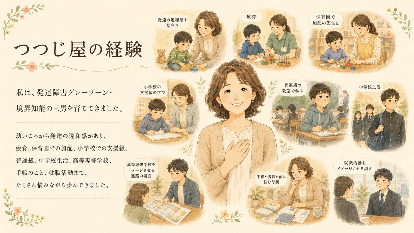 私は、発達障害グレーゾーン・境界知能の三男を育ててきました。
幼いころから発達の違和感があり、療育、保育園での加配、小学校での支援級、普通級、中学校生活、高等専修学校、手帳のこと、就職活動まで、たくさん悩みながら歩んできました。