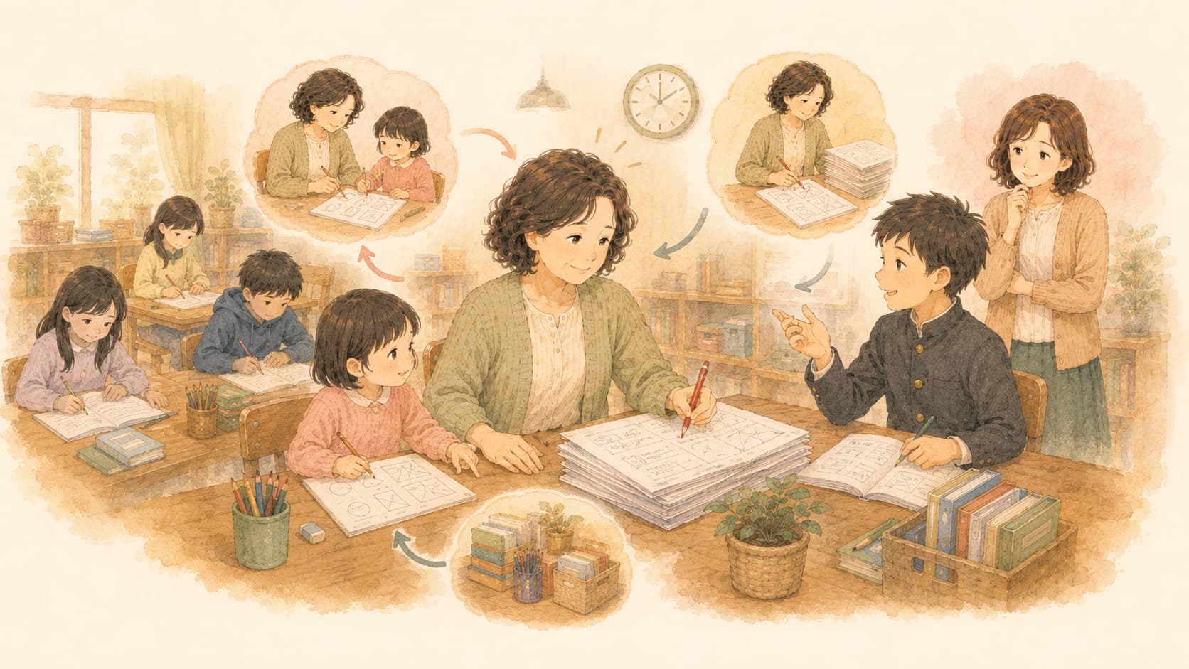 スタッフさんの仕事は、幼児さんの対応をしながら他の生徒さんの採点をし、質問にも対応するという、なかなかに忙しいものです。
