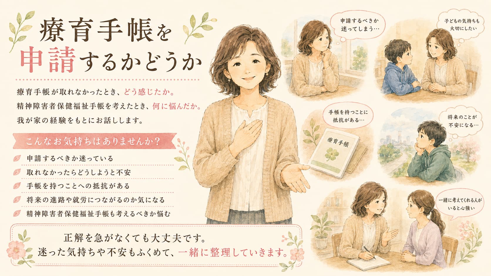 療育手帳を申請するかどうか。
療育手帳が取れなかったとき、どう感じたか。
精神障害者保健福祉手帳を考えたとき、何に悩んだか。